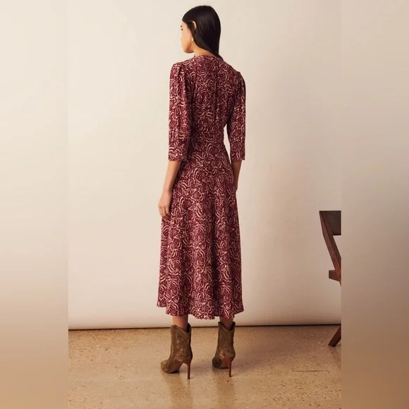 BA&SH Loa Midi dress in purple ivory print women’s size US 8 INT L - Picture 3 of 11